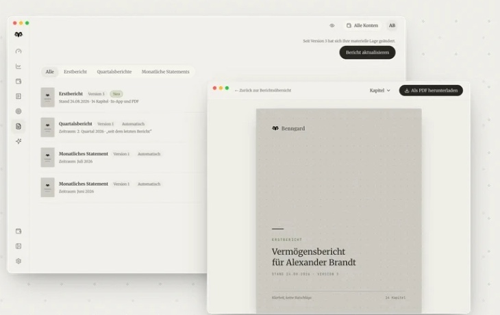 Berichtsübersicht der Benngard-App mit dem Erstbericht als PDF